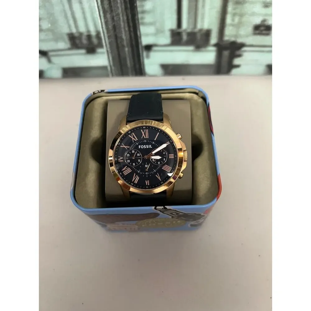 NWT Fossil FS4835 Grant Men Rose Gold Chronograph Navy Leather Quartz Watch
